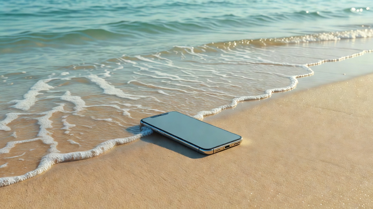 Smartphone on sand with wave