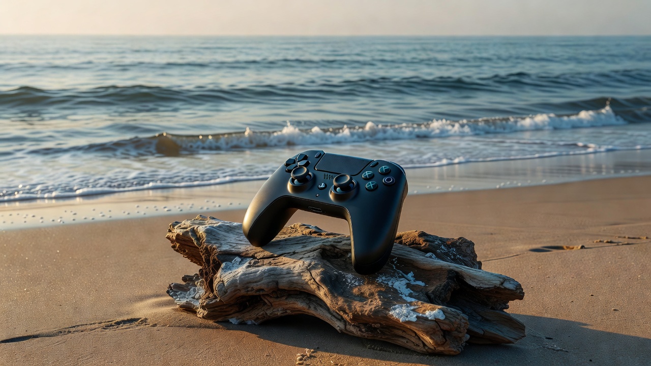 Game controller on driftwood at the beach